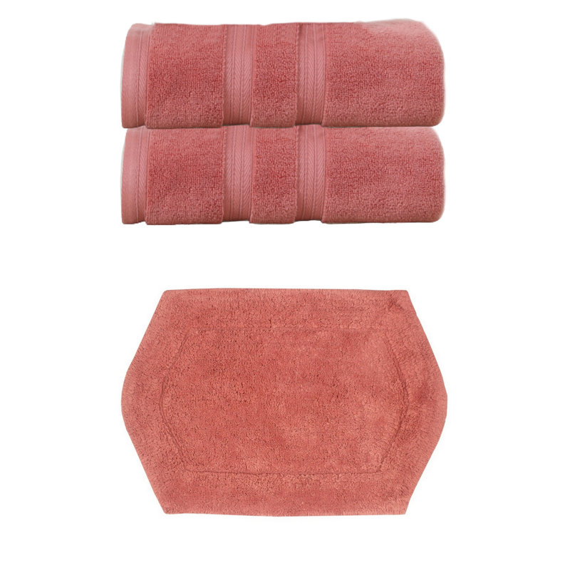 Bryd Collection 100% Soft Cotton 2 Pc Bath Towel Set & 1 Pc 17x24" Bath Rug, (Set of 3), Coral