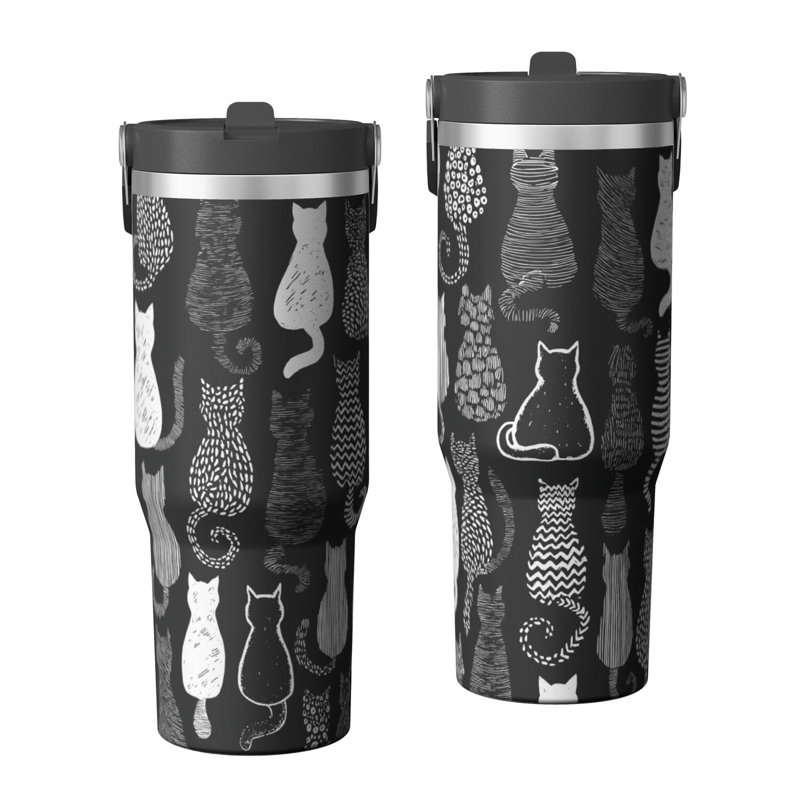 Verre 30 oz avec couvercle et poignée Gobelets isothermes en acier inoxydable Bouteille d'eau mignonne avec rabat (motif de chat)