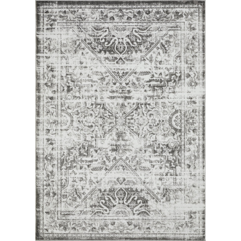 Tapis oriental gris en polypropylène tissé à la main Ragheb, Rectangle 9 pi 10 po x 12 pi 10 po