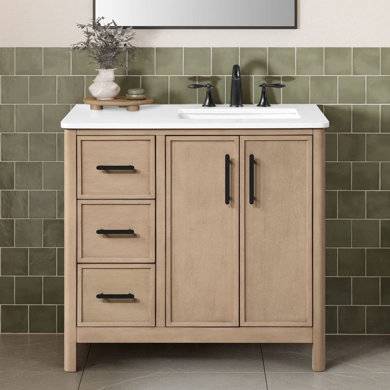 Ensemble de meuble-lavabo autoportant en bouleau Sahara de 36 po avec plateau en pierre reconstituée blanche OVE Solas