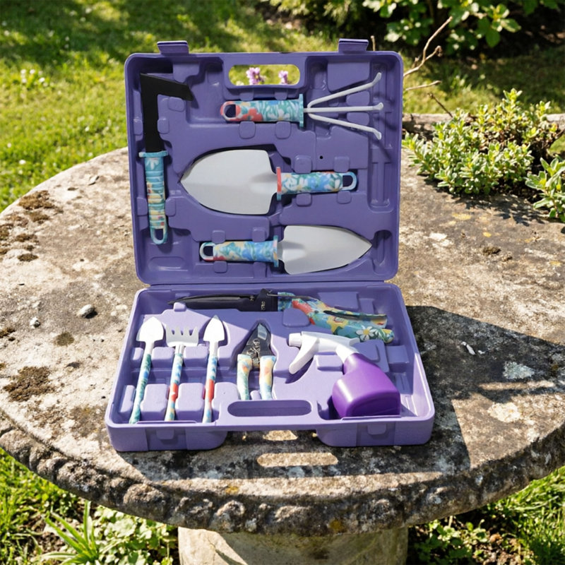 Ensemble d'outils de jardinage en acier inoxydable 30 pièces avec poignées à imprimé floral, ensemble de jardinage tout-en-un avec truelle, râteau, sécateur, pulvérisateur, gants et étui de rangement, ensemble de jardinage idéal pour les femmes