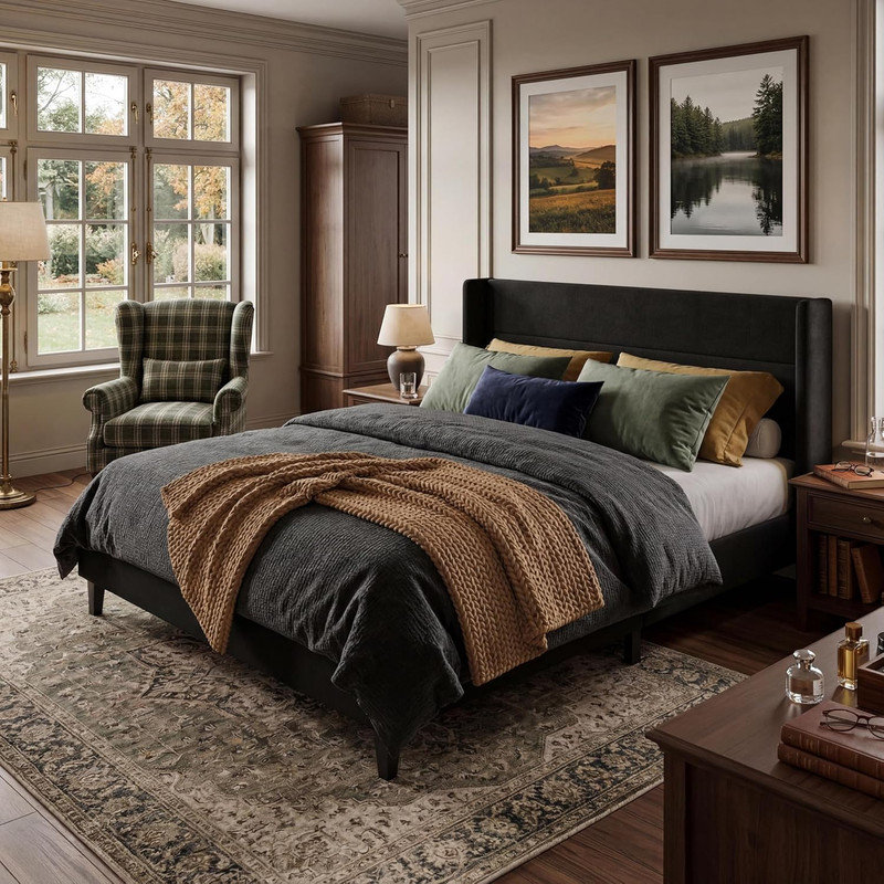 Structure de lit tapissier en velours avec tête de lit à oreilles et lattes de bois, rangement sous le lit de 8 po, aucun sommier nécessaire pour la chambre à coucher