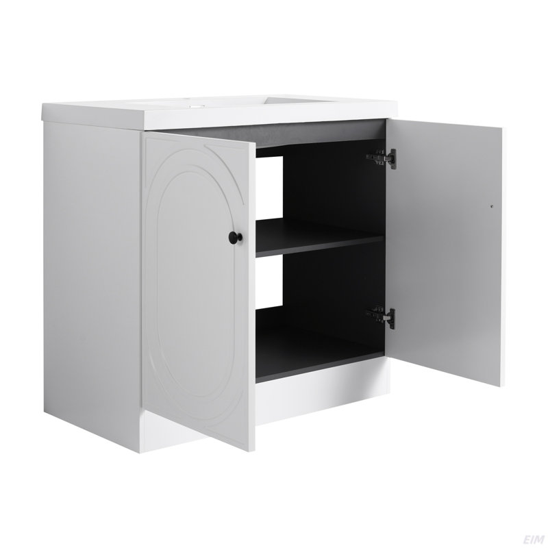 36" Freestanding Bathroom Vanity White Resin Sink & 2 Soft-Close Cabinet Doors (KD-Packing), White