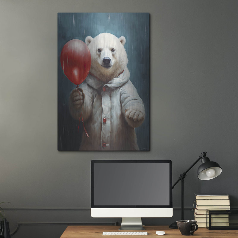 Ours polaire avec ballon rouge »par Momart, art mural en métal, H 36 po x l 24 po