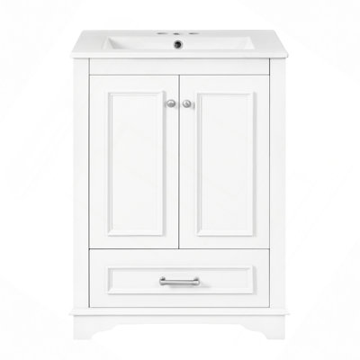 Bathroom Vanity With Ceramic Sink Combo, Modern Freestanding Storage Cabinet  With Silver Handles,Soft Closing Doors