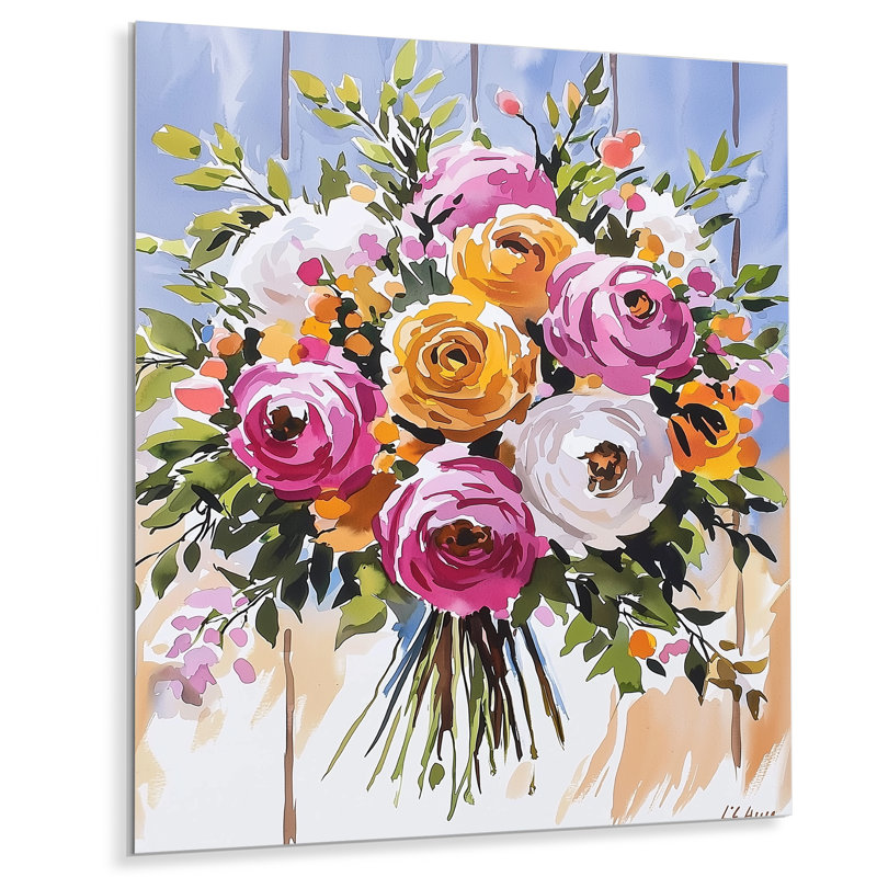 Rose et jaune délicat bouquet de pivoines - décor floral en métal, pivoine, H 32 po x l 16 po