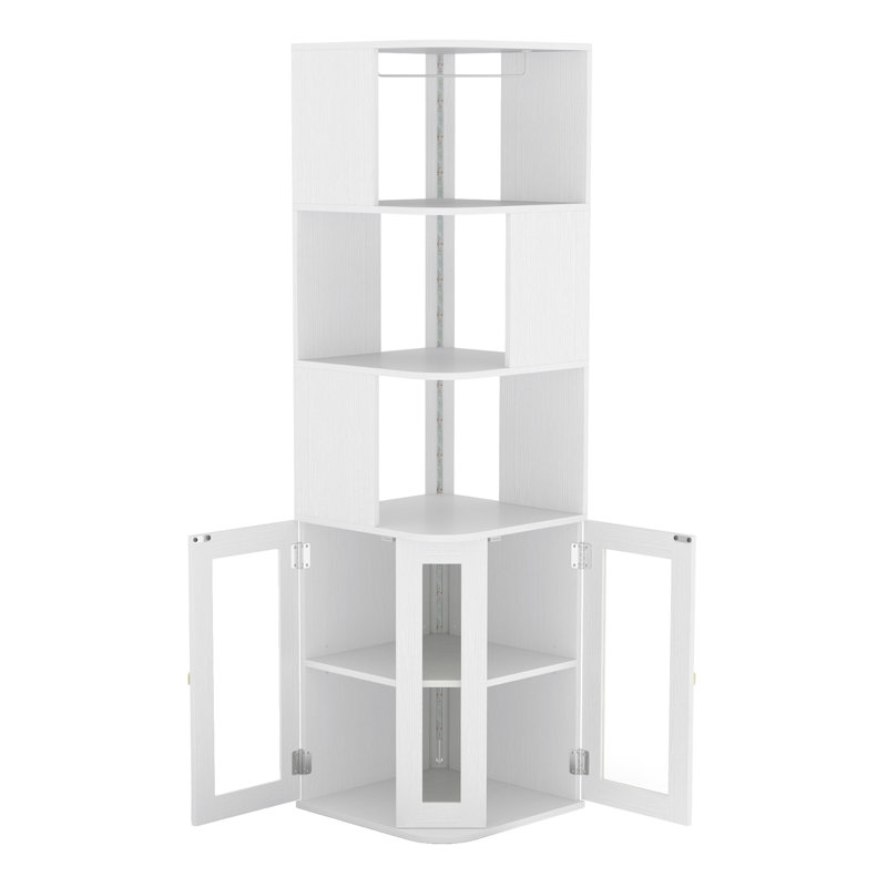 63'' H LED Corner Wine Bar Cabinet with Acrylic Doors & Adjustable Shelves, White