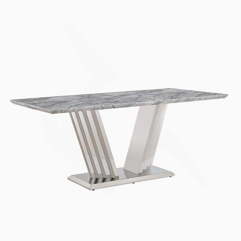 Table de salle à manger en marbre pour 6 personnes, table de salle à manger rectangulaire en faux marbre 70 po avec base en acier inoxydable à finition miroir, table de cuisine moderne en marbre de grande taille (argent, gris)