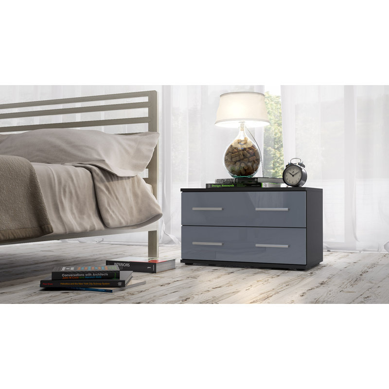 Janney 59.99cm W Wood Bedside Table, Matt black/Glossy grey
