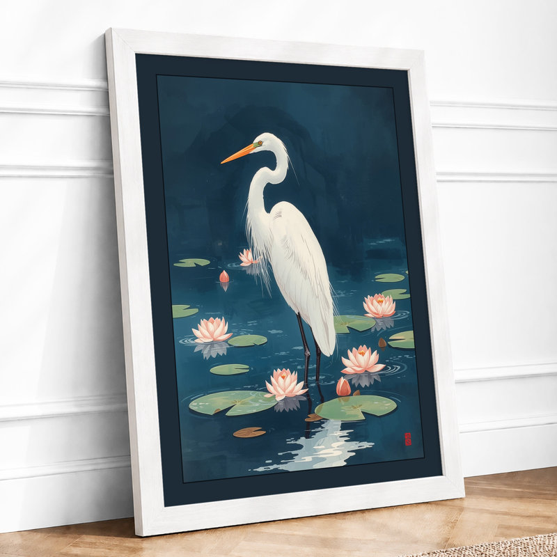 Egret Among Lilies Botanical - Framed Print, A4 - 29.7 x 21.0 cm, White