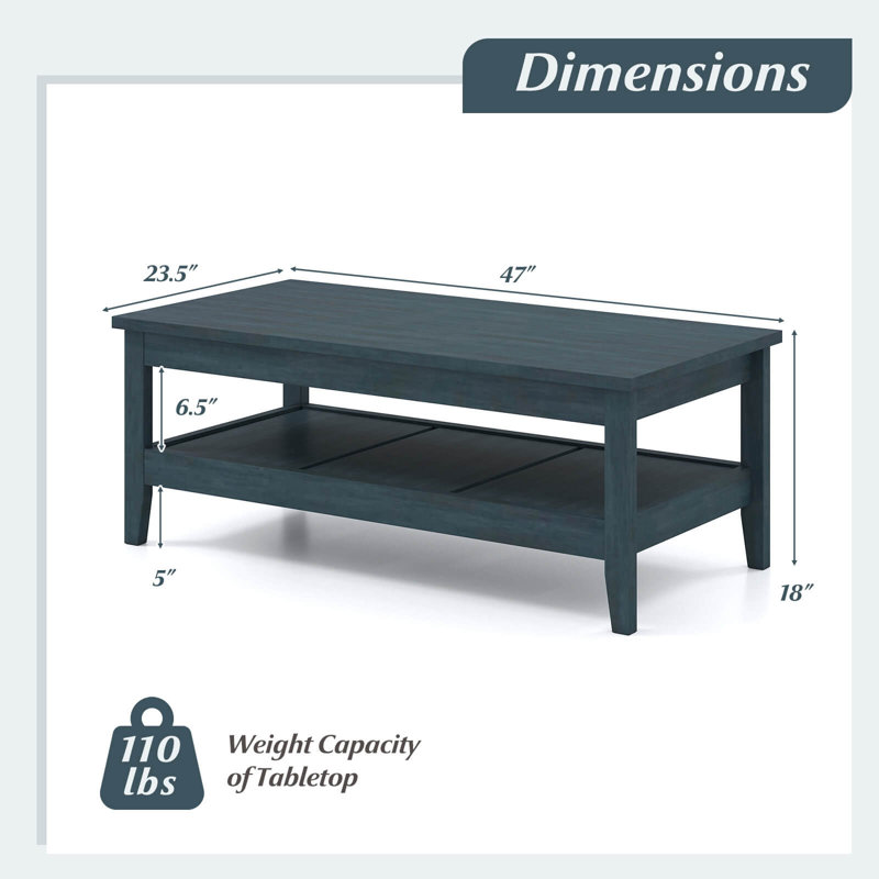 2-Tier Rectangle Center Table with Slatted Storage Shelf & Thickened Tabletop Charcoal, Charcoal Blue
