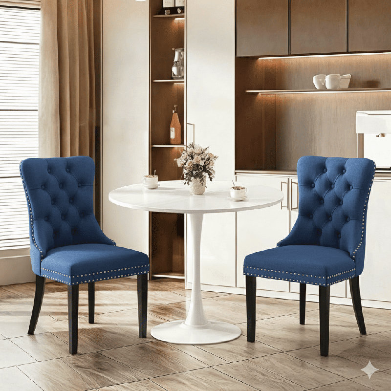 Ensemble de table de salle à manger rond avec 2 chaises, Bleu / Noir, Blanc