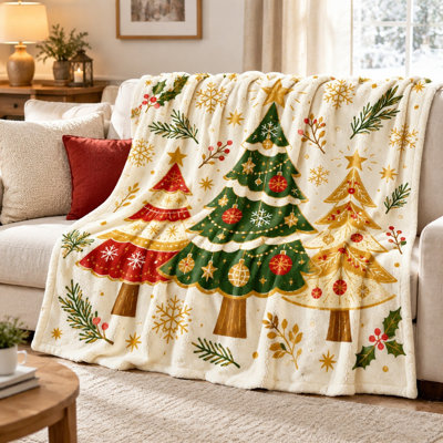 Plaid de Noël, couverture en peluche imprimée de flocons de neige et de houx pour canapé, lit, chambre, salon, décoration de Noël