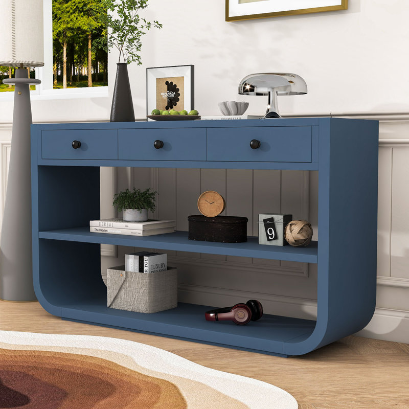 Console incurvée élégante et intemporelle avec tiroirs à fermeture en douceur, Bleu