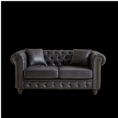 FX 63.5" Contemporary Design chesterfield sofa, Tech Fabric Button Design Living Room Sectional, Button Tufted with Nail Design Arms with 2 Pillows, Upholstered Upholstery and Wooden Legs