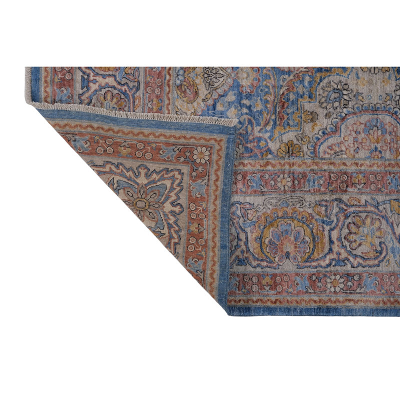 Hand Knotted Wool Area Rug in Blue And Beige