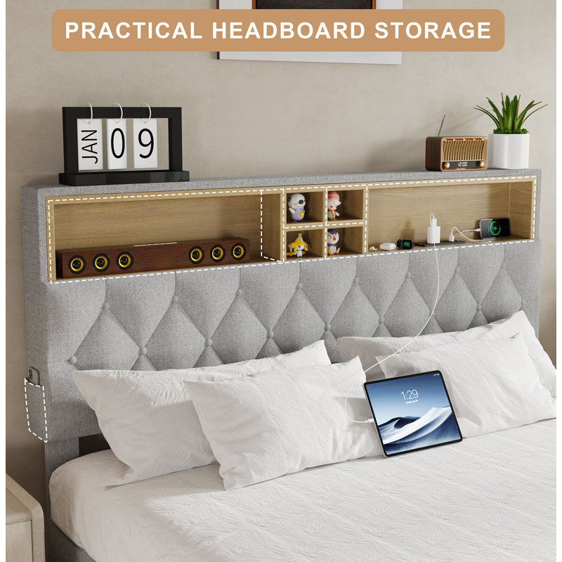Queen Size Bed Frame with 2-Tier Storage Adjustable Headboard & Charging Station, Solid and Stable, No Box Spring Needed, Noise Free, Easy to Assemble, Gray