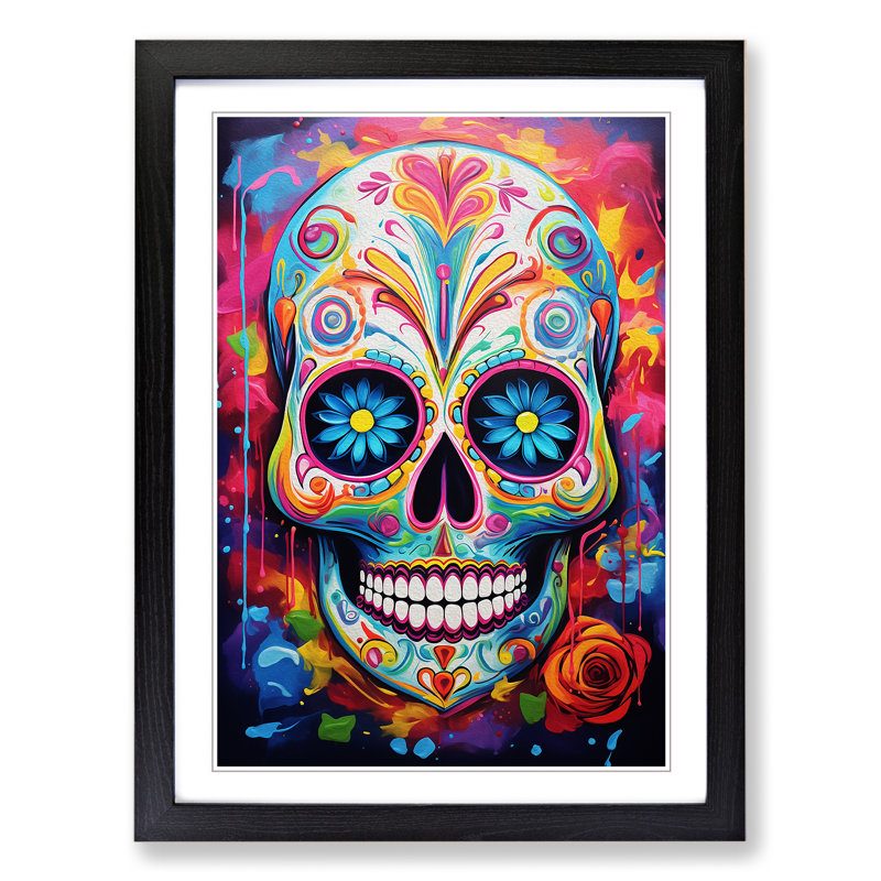 Sugar Skull Abstract - Single Picture Frame Print on Wood, Black, 64cm H x 46cm W x 2cm D