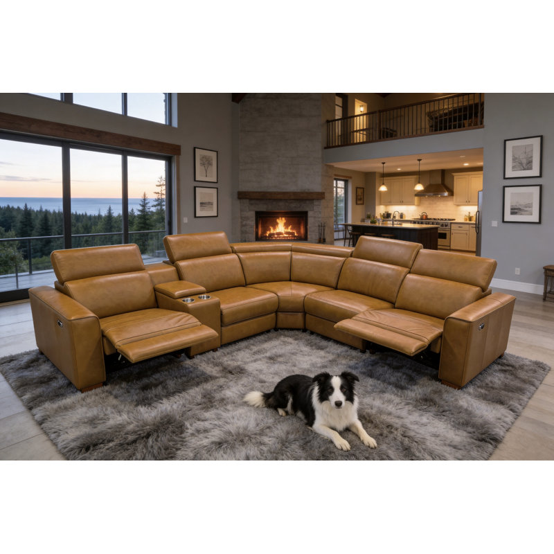 Canapé modulaire inclinable en cuir Binsbar, Cuir fleur de gingembre