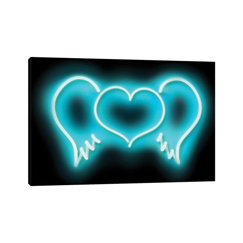 Neon Heart Wings Aqua On Black by Hailey Carr - Wrapped Canvas Print, 20.32 cm H x 30.48 cm W, Black/Aqua