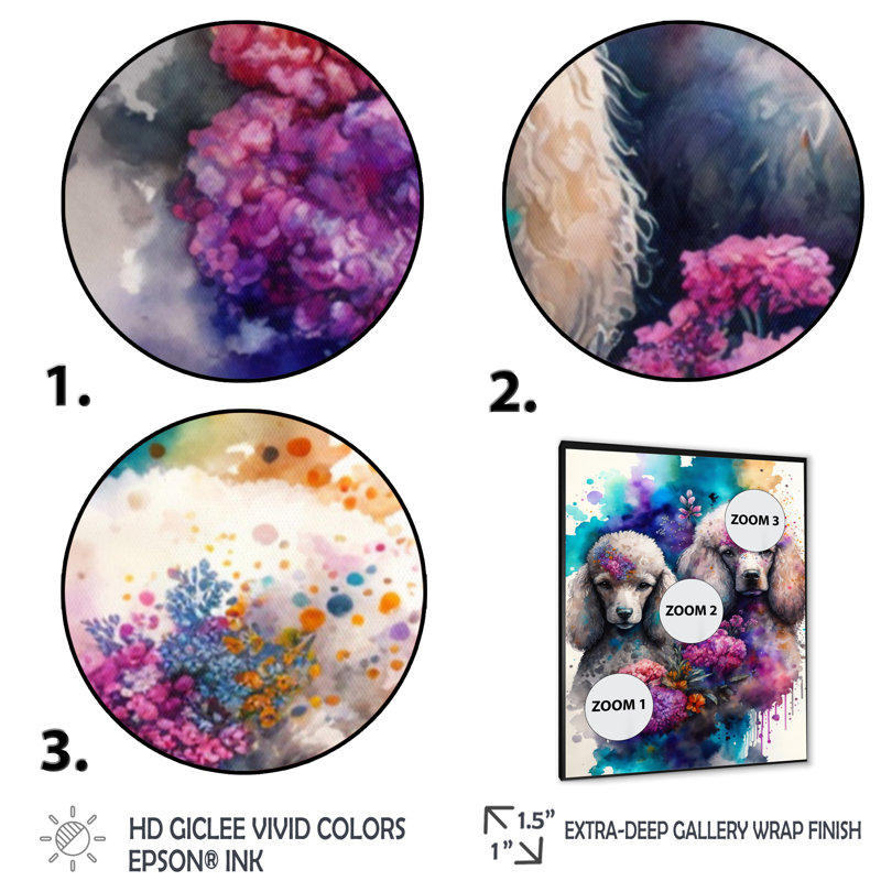 «Cute Poodles Dog», art floral - peinture sur toile, H 20 po x l 12 po x P 1 po, Impression noire sur toile encadrée
