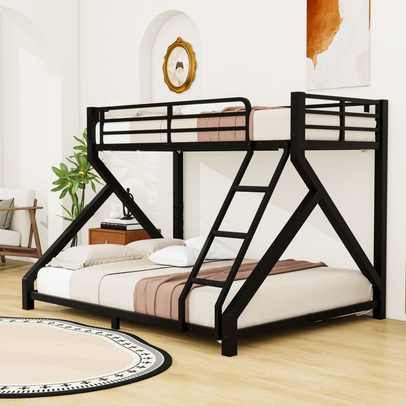 Metal Bunk Bed with Ladder and Guardrails, Twin XL Over Queen