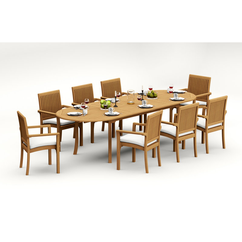 Ensemble de salle à manger 9 pièces en bois de teck de qualité A: table de chevet ovale à tréteaux à double rallonge de 118 po et 8 chaises à accoudoirs empilables Lua # 11LU2708