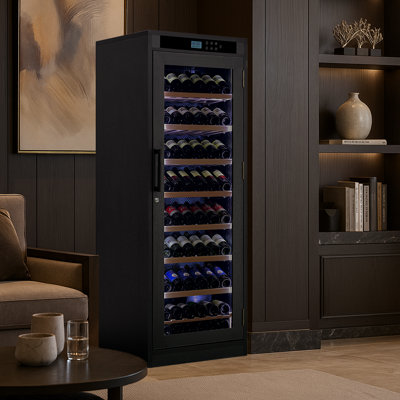 Freestanding Wine Cabinet, Stylish Wine Cooler With UV-Resistant Glass Door, LED Light & Storage Rack