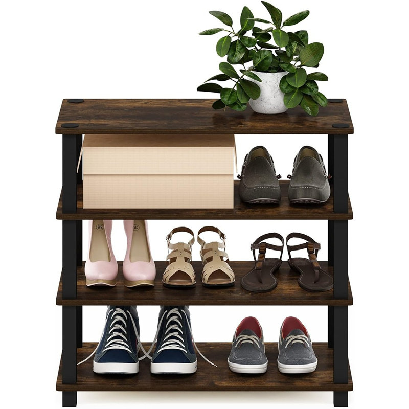 Range-chaussures à 4 niveaux avec structure en métal - Pin ambré / finition noire