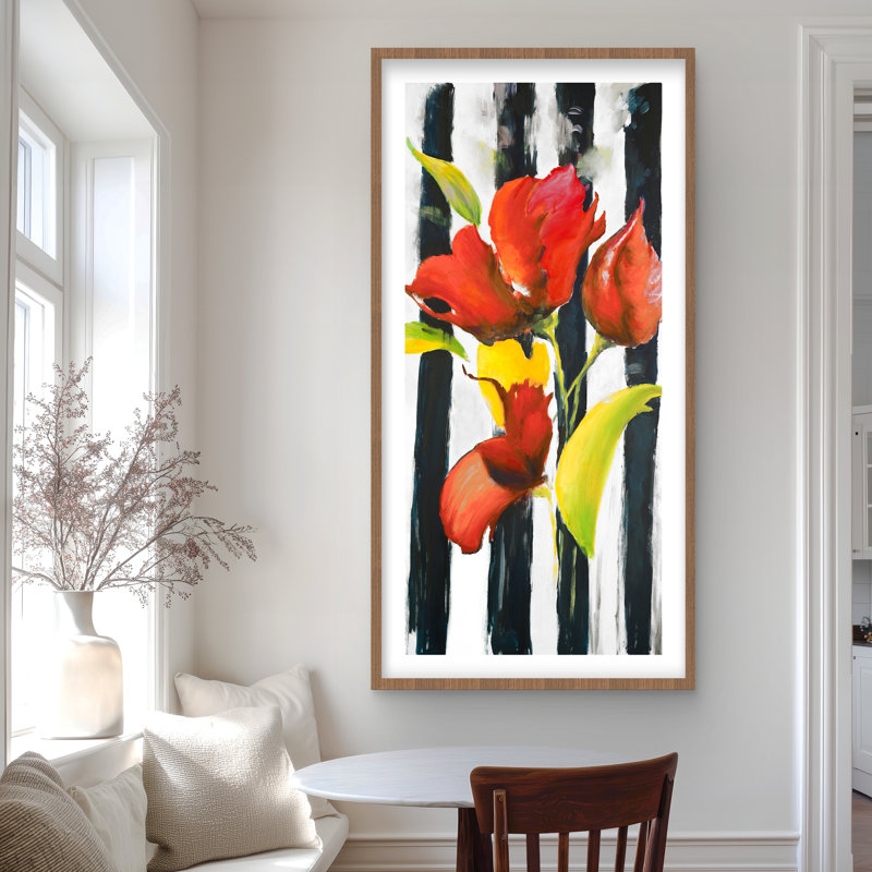 Fleurs sur rayures noires et blanches - reproduction encadrée verte