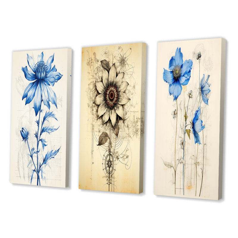 «Illustration rétro de marguerite bleue», 3 pièces, Toile tendue, H 40 po x l 60 po