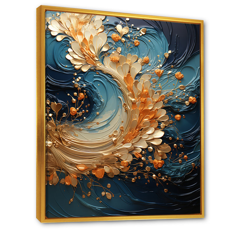 Abstrait, art mural sur toile Golden Sapphire, Cadre flottant doré, H 20 po x l 12 po x P 1 po