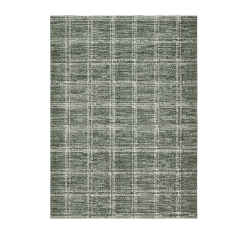 Modern Washable Area Rug Green Plaid Checkered Carpet Non-Slip Low Pile Easy Clean Floor Mat for Living Room Bedroom Nursery Office 5x7ft