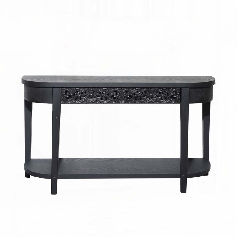 Black Carved Wooden Console Table with Lower Storage Shelf Tow Drawers