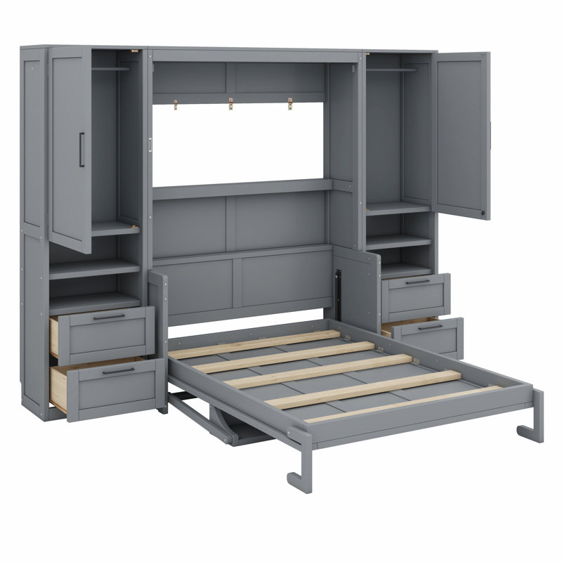 Lit escamotable Murphy avec placard, tiroirs et tablettes, Lit double , gris