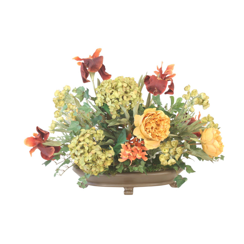 Iris, Hydrangea, and Peony Mixed Centerpiece in Vase