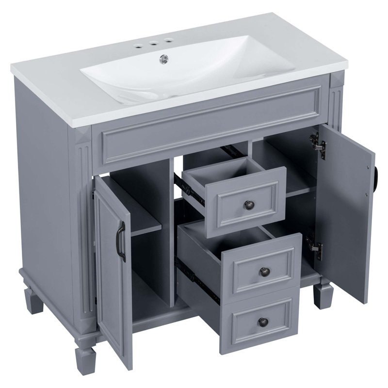 Meuble-lavabo moderne avec lavabo simple avec 2 portes, 2 tiroirs et armoire à miroir, Gris