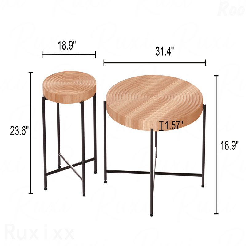 Ensemble de 2 tables basses et tables de bout en panneau de fibres à densité moyenne imperméable avec revêtement en PVC pattes en métal noir patiné au charme rustique classique en cèdre rouge