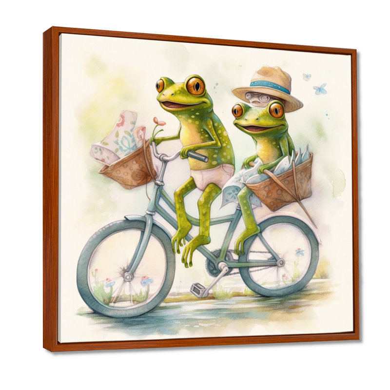 Grenouilles vertes chevauchant un vélo, H 16 po x l 16 po, Cadre flottant brun