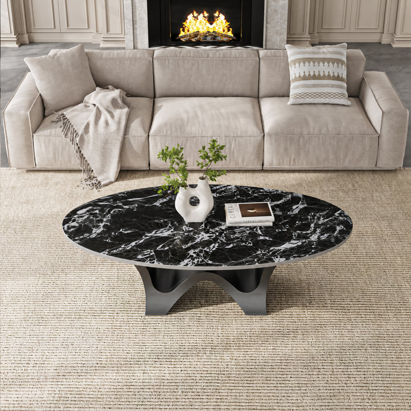Table basse ovale moderne de 125 cm (49,2 po), plateau en pierre frittée imitation marbre, piètement minimaliste en métal sculptural, montage facile
