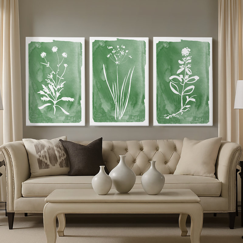 Green Botanical I - Toile tendue avec châssis sur mesure - 3 pièces, H 48 po x l 96 po