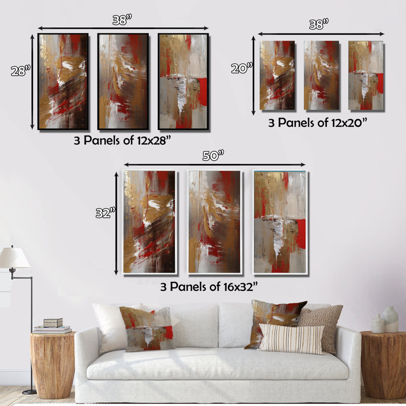 Cardinal Sin Retro Delight Abstract Red & Gold - Abstract Art Set Of 3 Pieces, Toile tendue, H 32 po x l 48 po