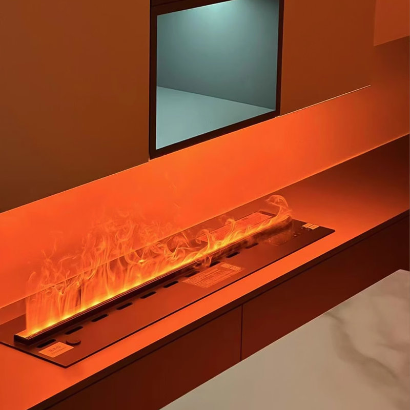 Armoire de foyer intelligente intégrée moderne en métal noir avec lumière simulée, 27.56"W