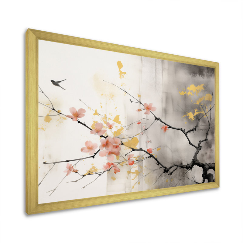Art asiatique Sumi Blossom I - art mural asiatique, Cadre doré simple, H 34 po x l 44 po x P 1,5 po