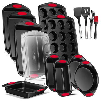 Kitchen Oven Baking Pans - Deluxe Nonstick Black Coating Inside & Outside Carbon Steel Bakeware Set With Red Silicone Handles (15-Pieces)