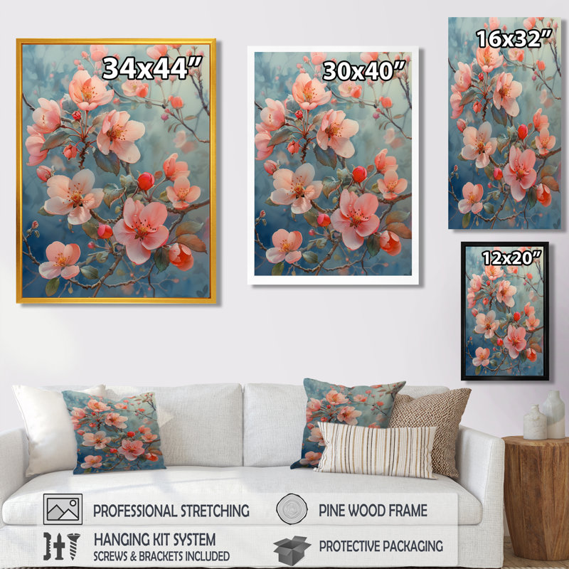  «Rose Apple Blossom Tender Bloom - Art mural de salon Apple Blossom, Encadrement argenté, H 16 po x l 32 po