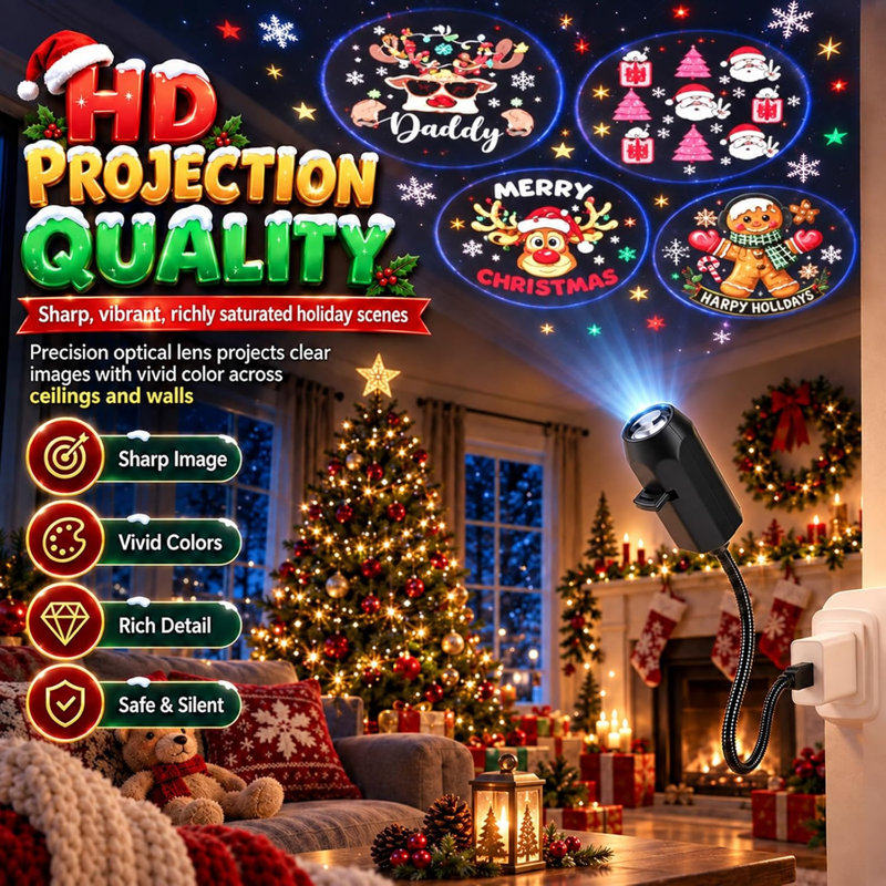 Projecteur de scènes de Noël HD prêt à l'emploi, 10 scènes festives et rotation à 360°, veilleuse 5D pour la décoration de chambre, les fêtes et les cadeaux de Noël
