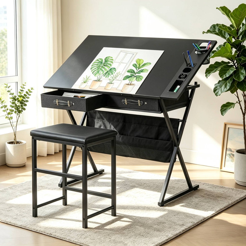 Bureau de dessin avec tabouret Yumisani, Noir