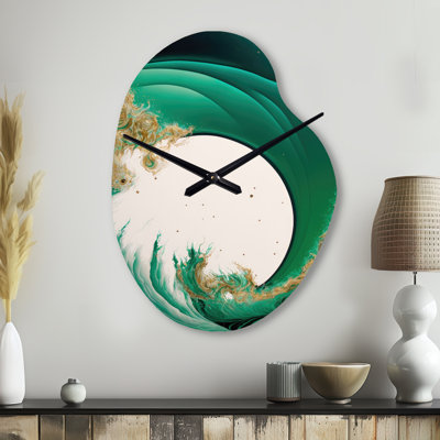 Horloge murale Marzette vert émeraude et vagues abstraites III - spirale abstraite asymétrique