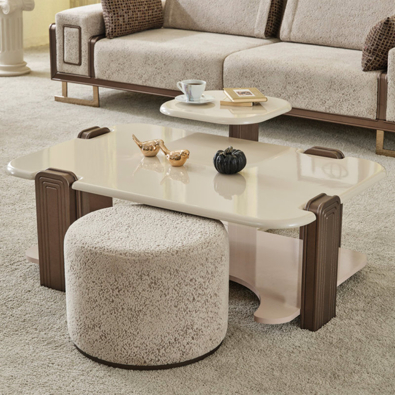 Beige and Brown Textured Fabric 5-Piece Living Room Set with Gold Metal Legs